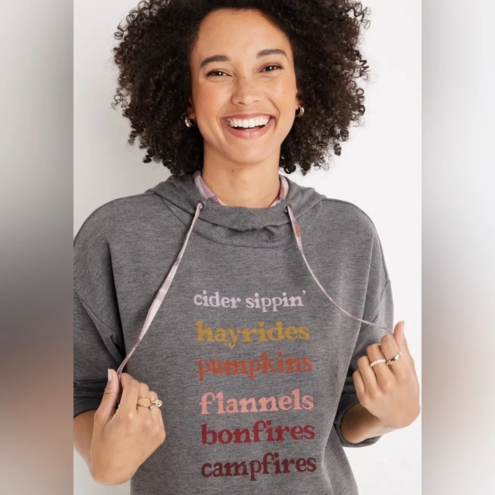 Maurices Fleece Hoodie with Plaid Hood Graphic Long Sleeve Sweatshirt Size M - Picture 2 of 16